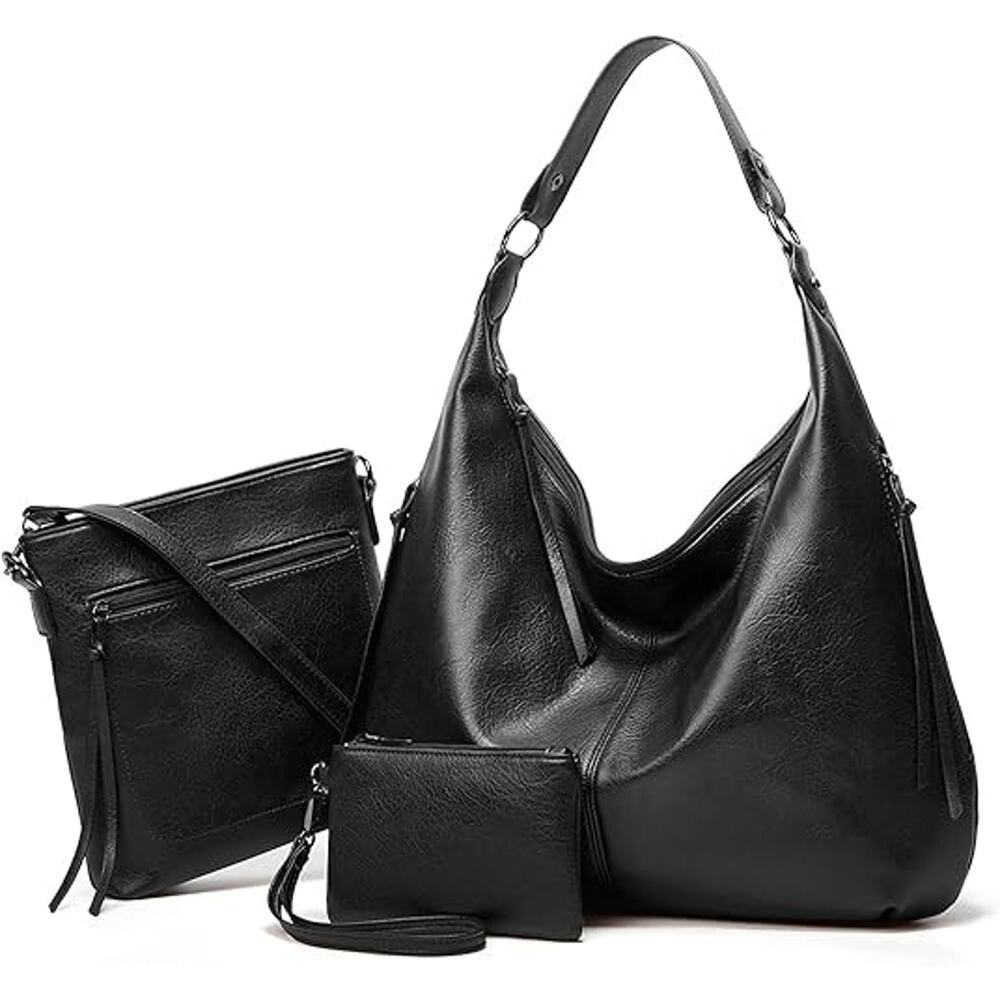 Women's Leather Hobo Bag Set – 3-Piece with Crossbody & Wristlet